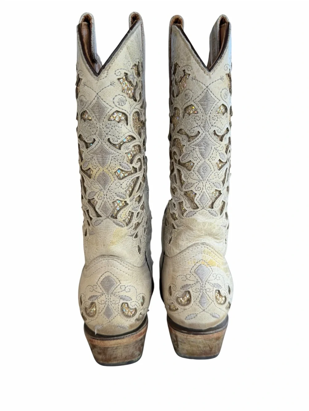 Corral Teens Off-White Glittered Inlay Snip Toe Cowboy Boots T0021 | Size 2